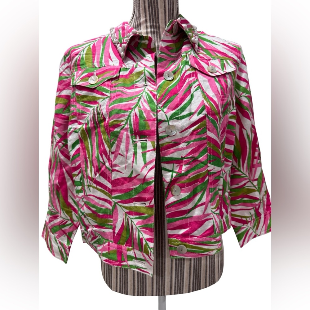 Ruby Rd Petite Tropical Pink and Green Women's Linen Jacket 10P